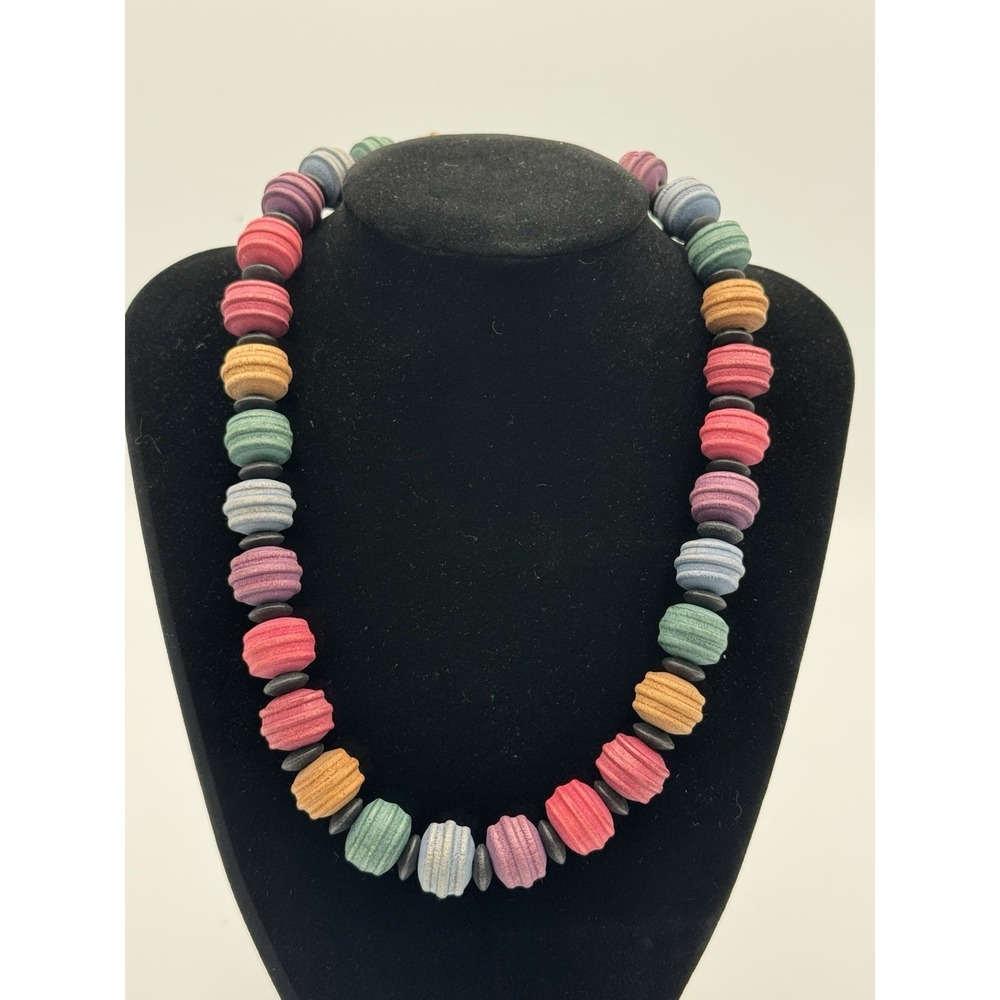 Boho‎ Chic Fashion Wood Rainbow Necklace Vintage Estate Chunky Funky
